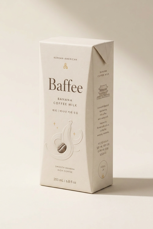 Baffee banana coffee milk carton on a beige background